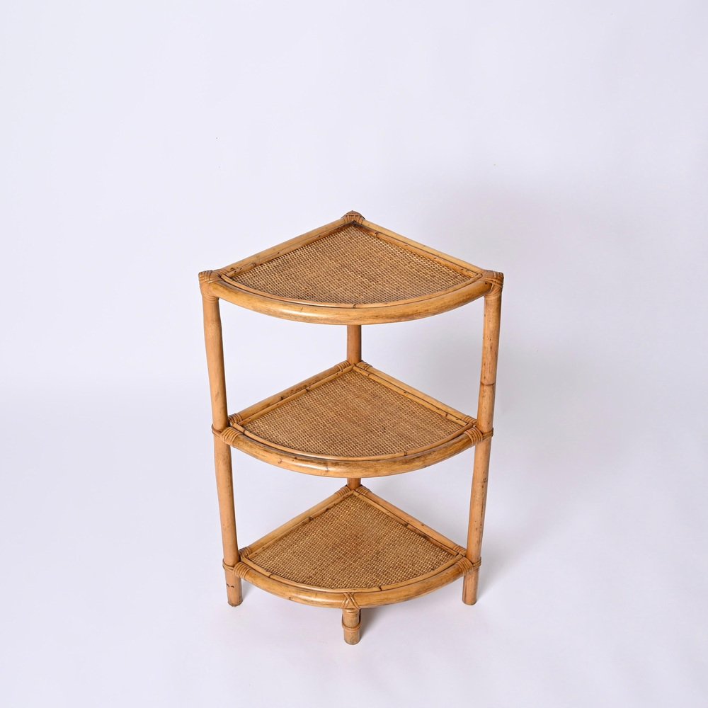 Italian Triangular Bamboo and Rattan Corner Bookcase in the style of Franco Albini, 1970s