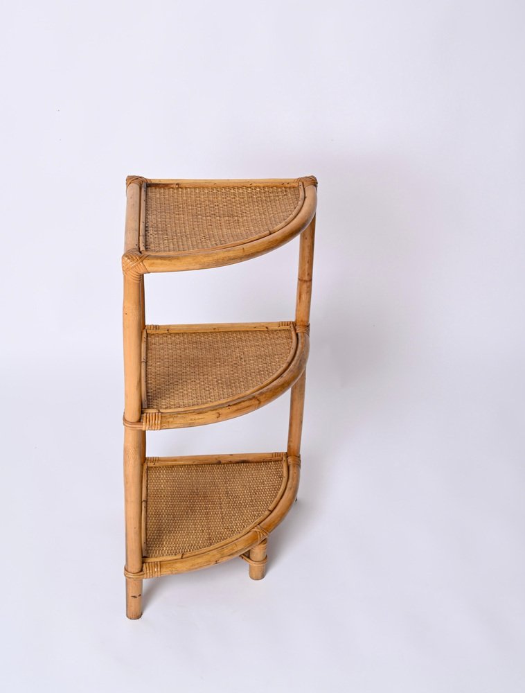 Italian Triangular Bamboo and Rattan Corner Bookcase in the style of Franco Albini, 1970s