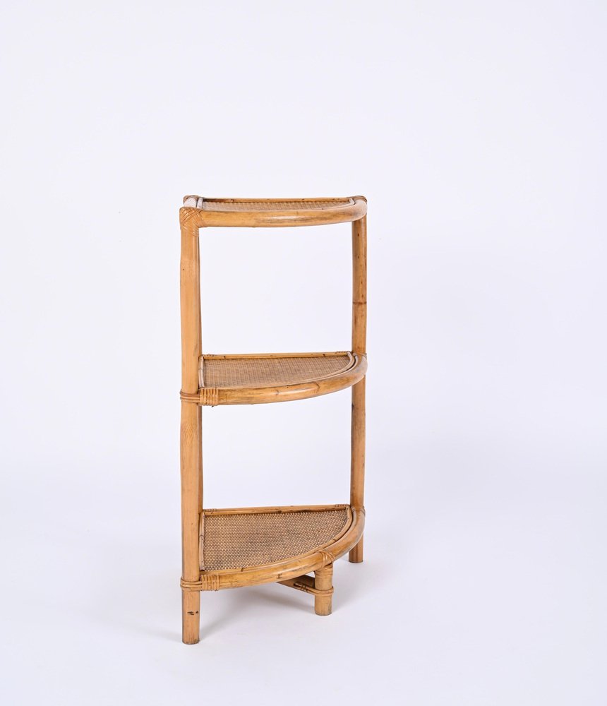 Italian Triangular Bamboo and Rattan Corner Bookcase in the style of Franco Albini, 1970s