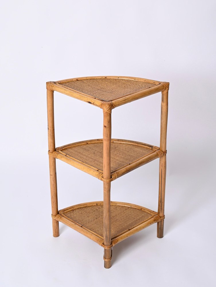 Italian Triangular Bamboo and Rattan Corner Bookcase in the style of Franco Albini, 1970s