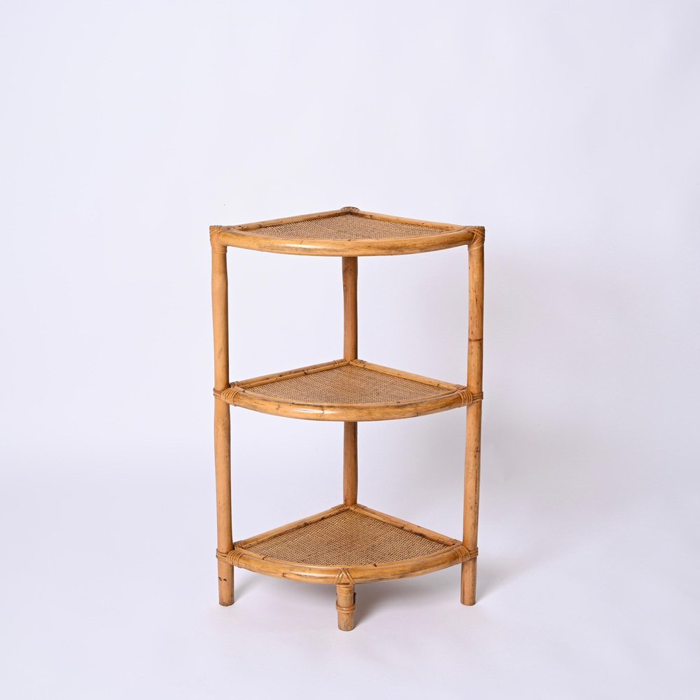 Italian Triangular Bamboo and Rattan Corner Bookcase in the style of Franco Albini, 1970s