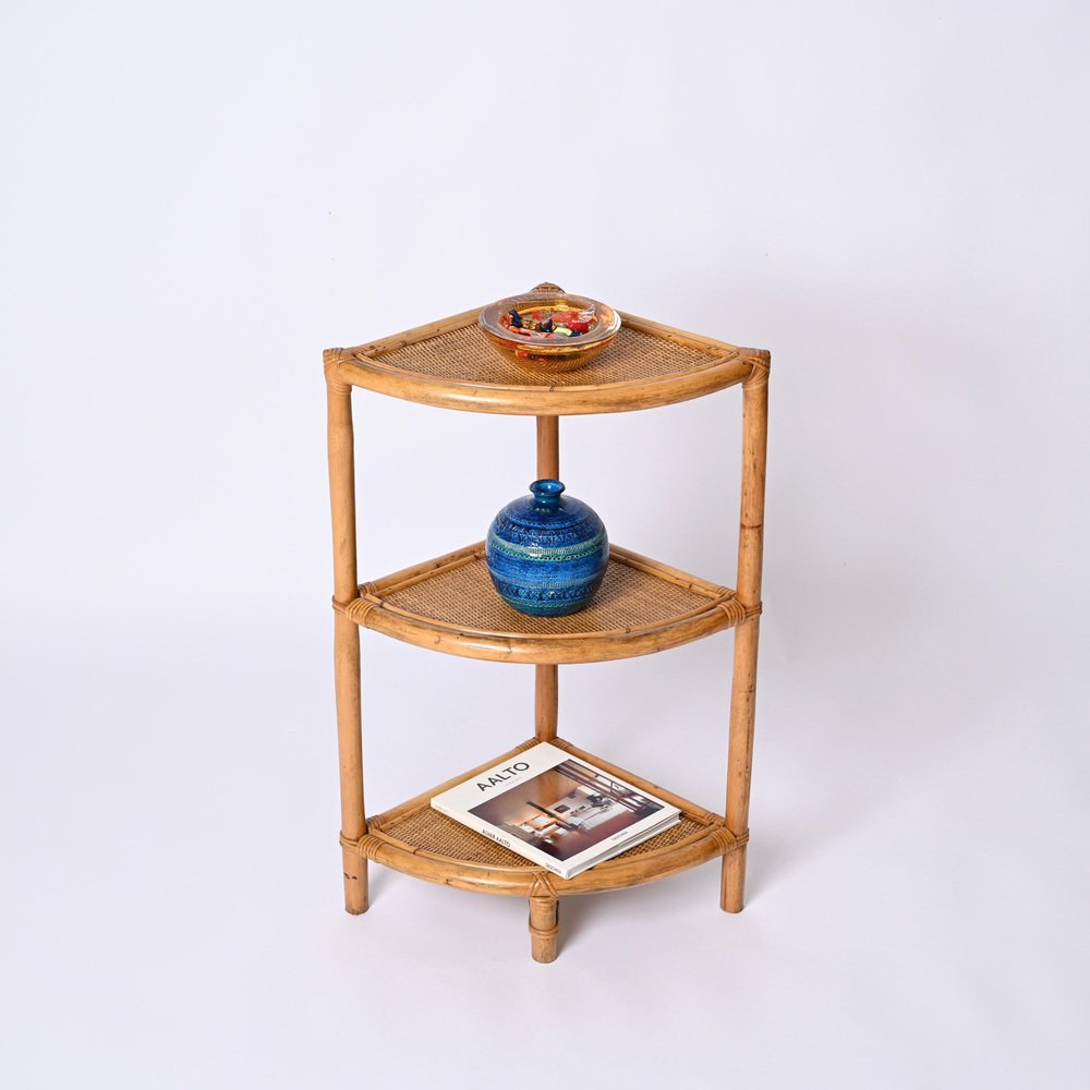 Italian Triangular Bamboo and Rattan Corner Bookcase in the style of Franco Albini, 1970s