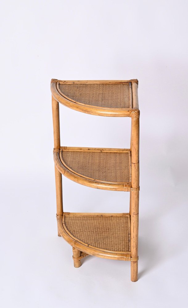 Italian Triangular Bamboo and Rattan Corner Bookcase in the style of Franco Albini, 1970s