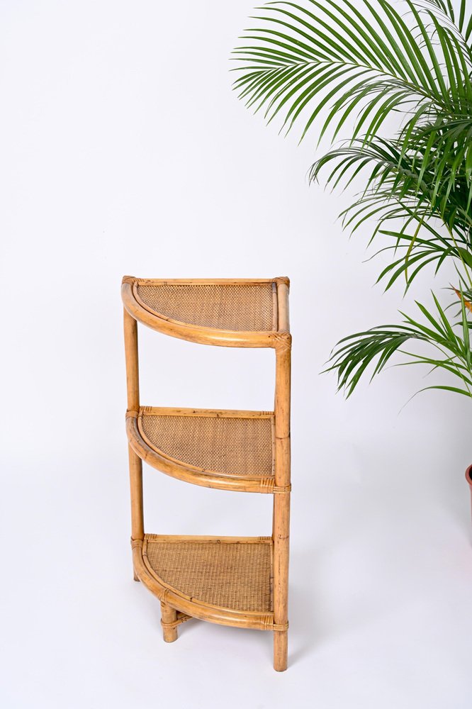 Italian Triangular Bamboo and Rattan Corner Bookcase in the style of Franco Albini, 1970s