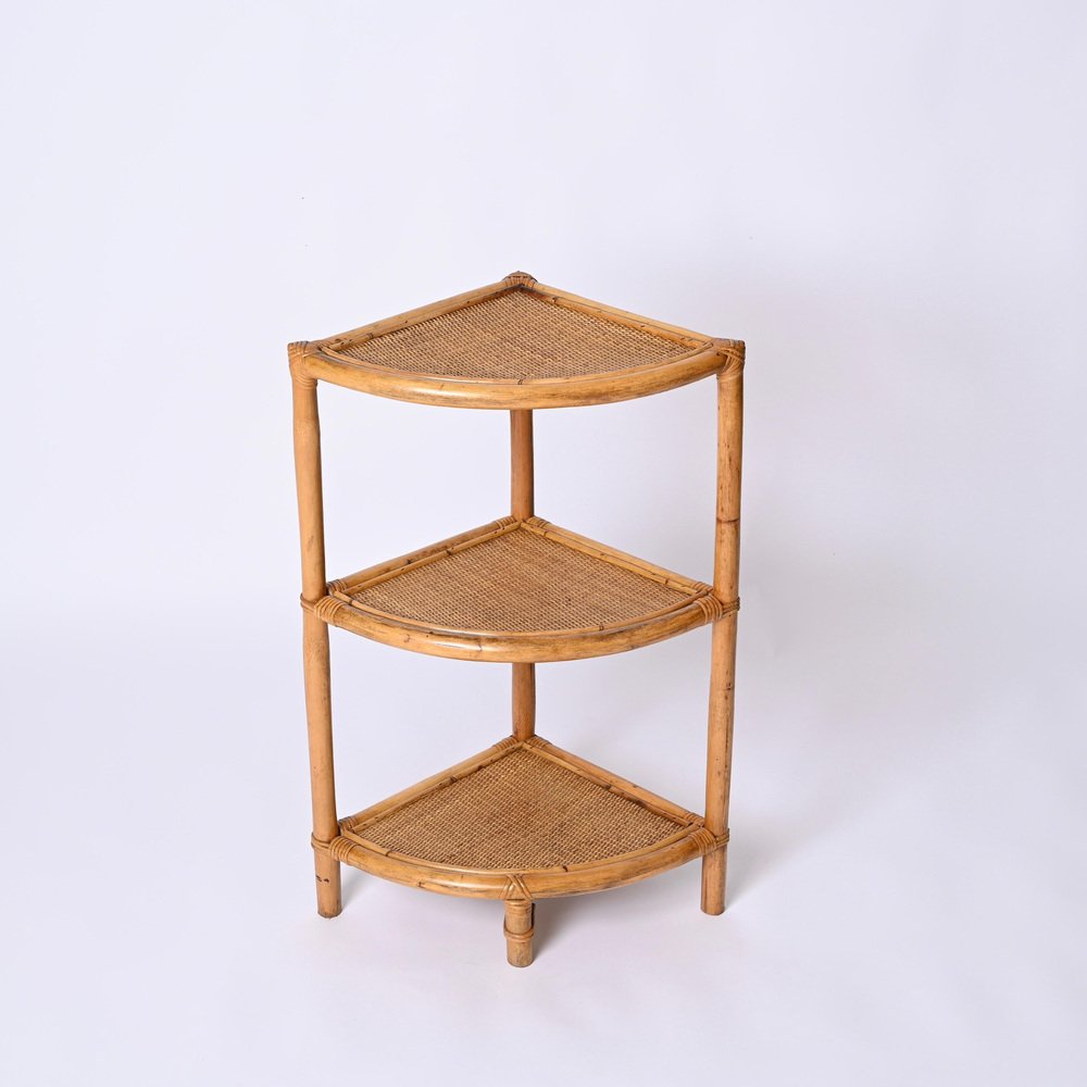 Italian Triangular Bamboo and Rattan Corner Bookcase in the style of Franco Albini, 1970s