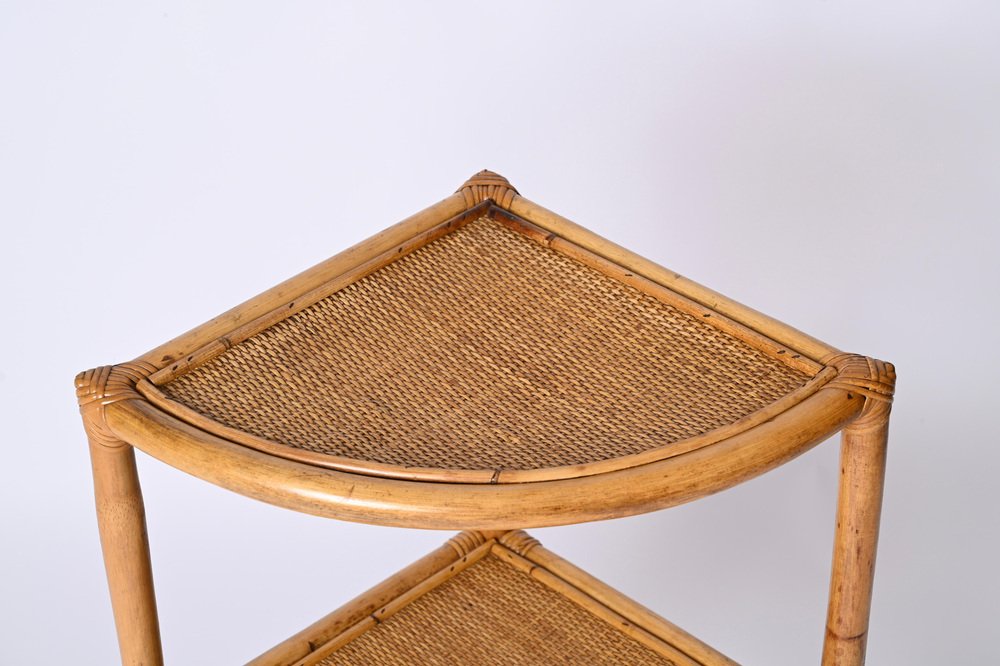 Italian Triangular Bamboo and Rattan Corner Bookcase in the style of Franco Albini, 1970s