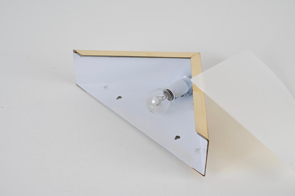 Italian Triangular Sconce in Brass and White Acrylic Glass, 1970s