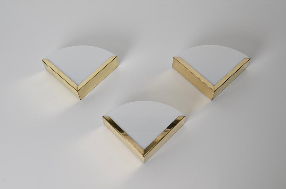 Italian Triangular Sconce in Brass and White Acrylic Glass, 1970s