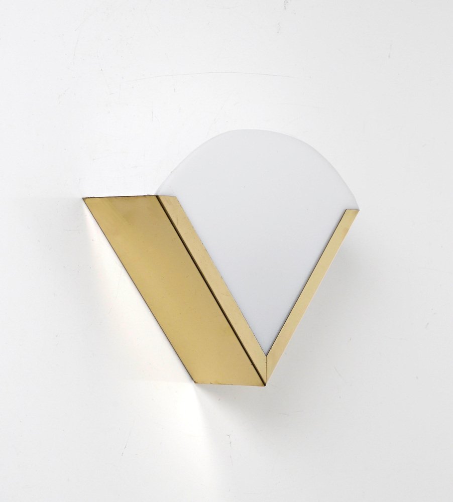 Italian Triangular Sconce in Brass and White Acrylic Glass, 1970s