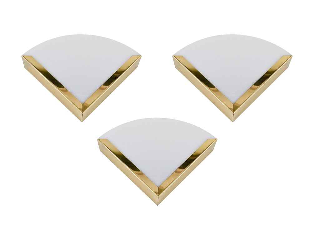 Italian Triangular Sconce in Brass and White Acrylic Glass, 1970s