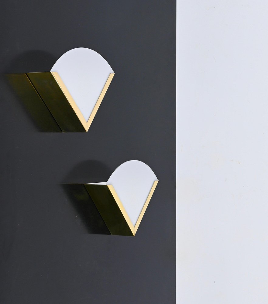 Italian Triangular Sconce in Brass and White Acrylic Glass, 1970s