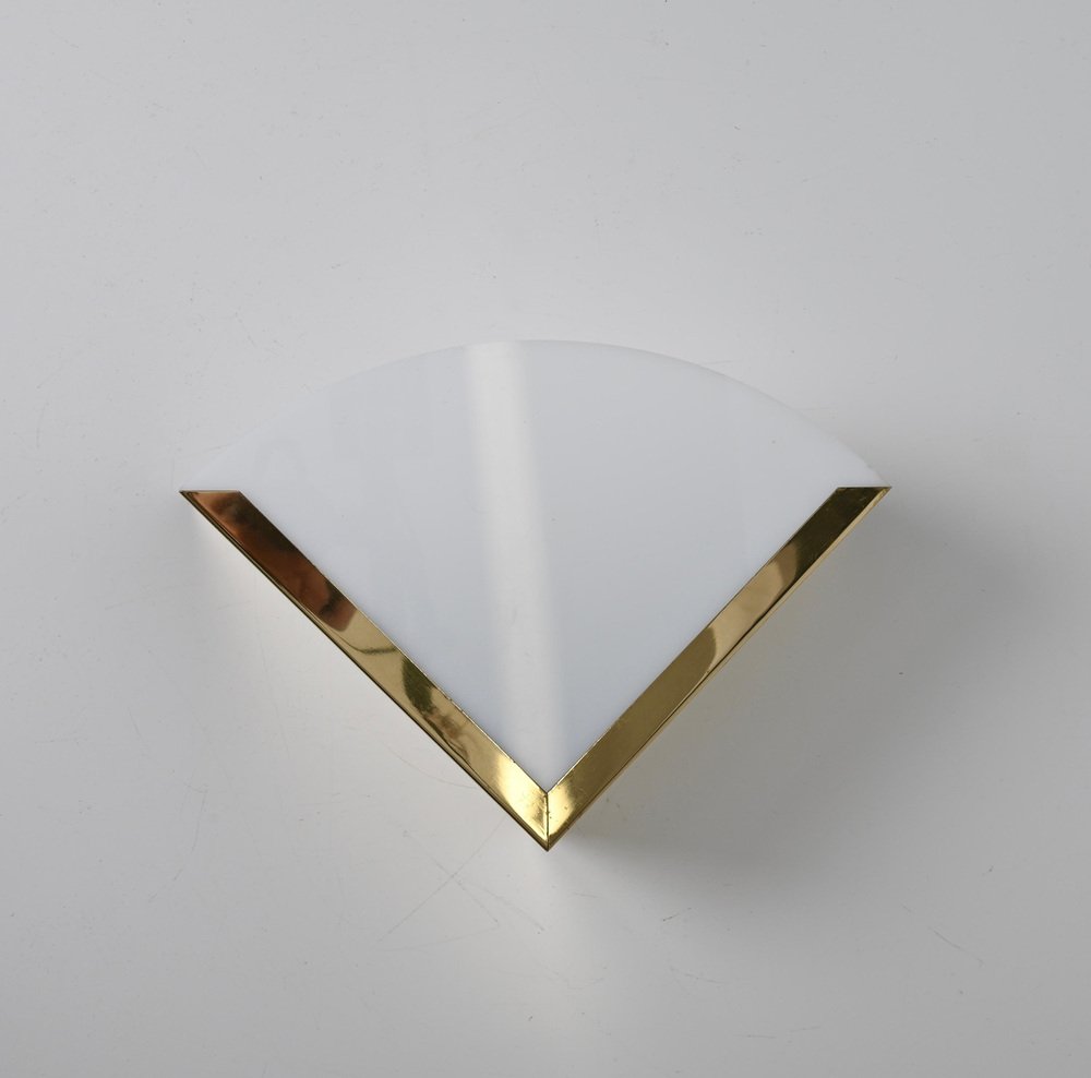 Italian Triangular Sconce in Brass and White Acrylic Glass, 1970s