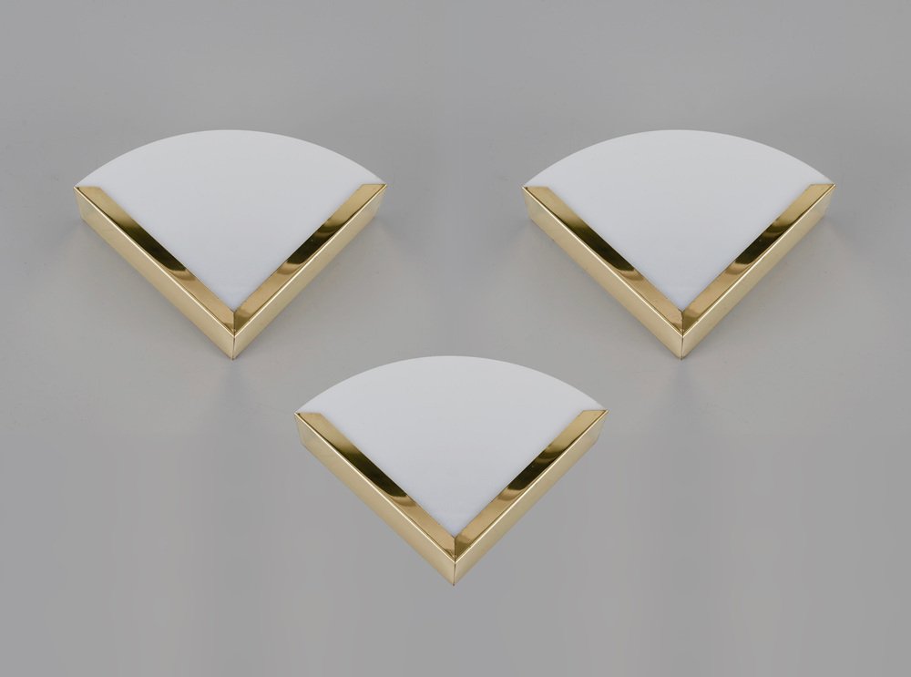 Italian Triangular Sconce in Brass and White Acrylic Glass, 1970s