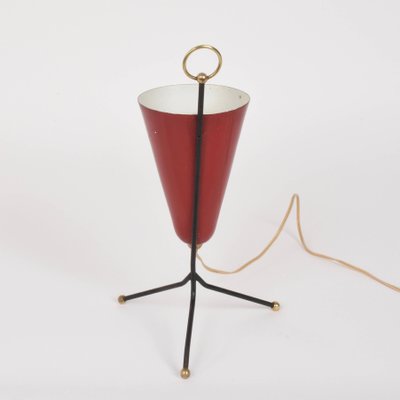 Italian Tripod Conical Red Lacquered Metal and Brass Table Lamp, 1950s-JDR-1125527