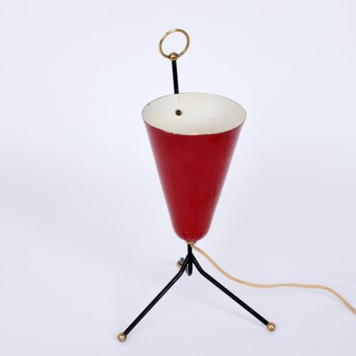 Italian Tripod Conical Red Lacquered Metal and Brass Table Lamp, 1950s-JDR-1125527