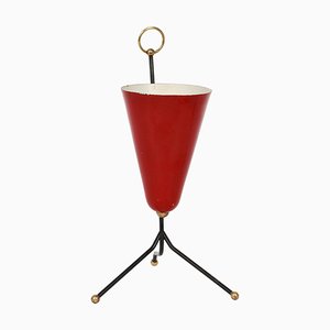 Italian Tripod Conical Red Lacquered Metal and Brass Table Lamp, 1950s-JDR-1125527