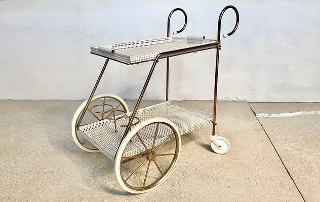 Italian Tubular Brass Steel and Punched Metal Bar Cart, 1950s-JP-949147