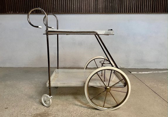 Italian Tubular Brass Steel and Punched Metal Bar Cart, 1950s-JP-949147