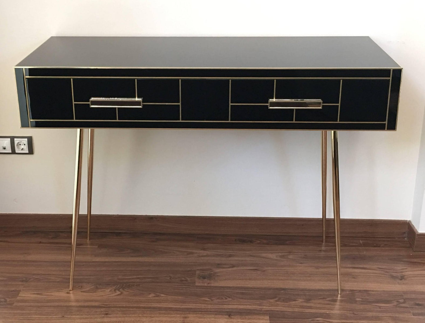 Italian Two-Drawer Mirrored and Brass Writing Desk