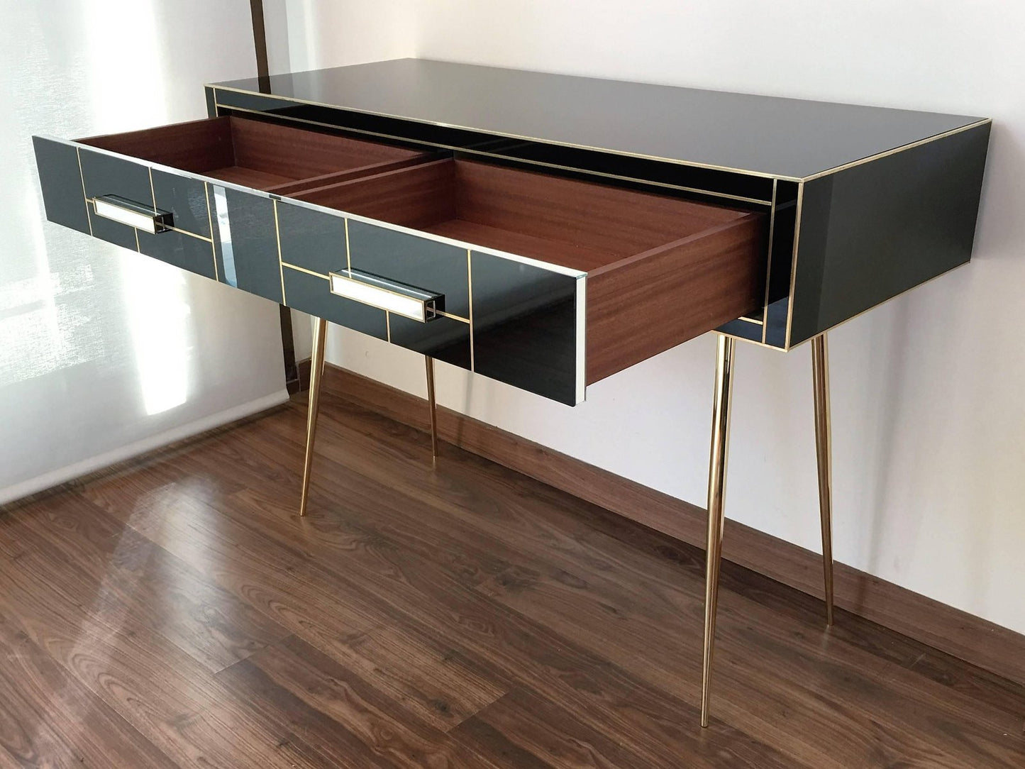 Italian Two-Drawer Mirrored and Brass Writing Desk