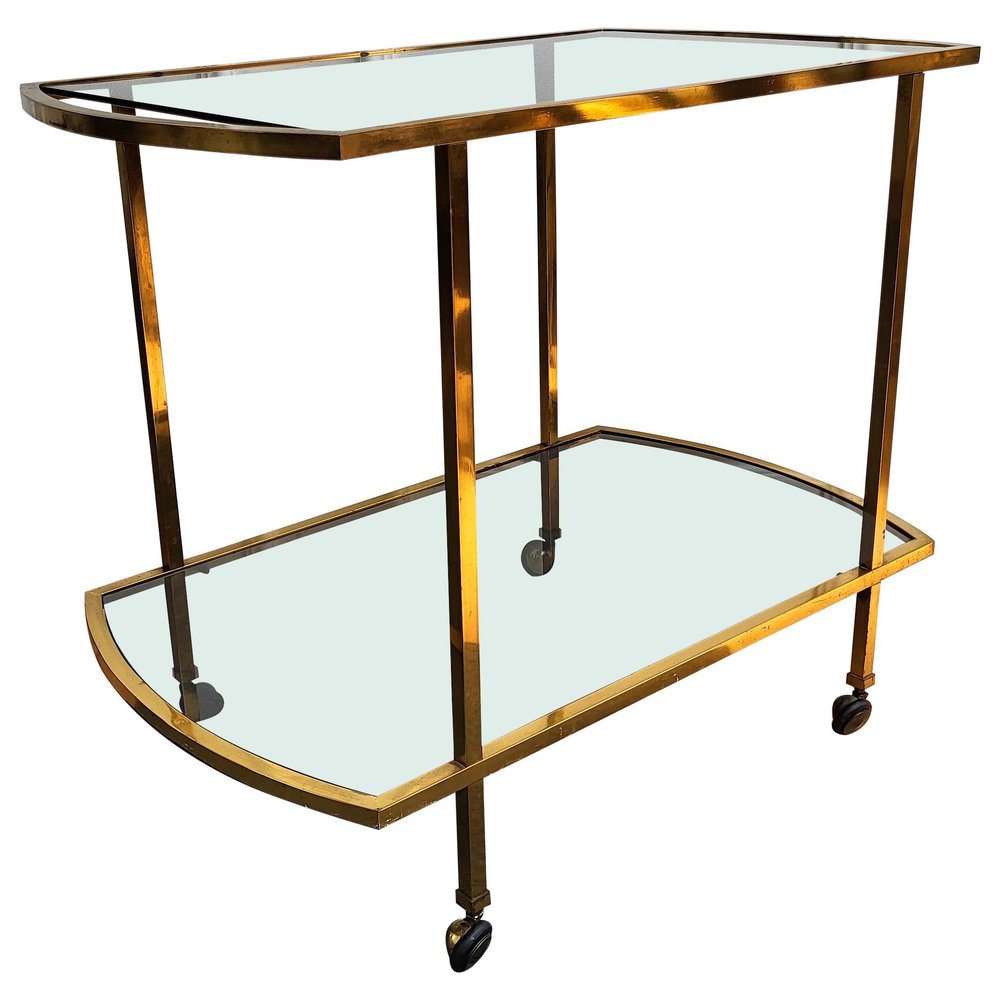 Italian Two-Tier Brass and Glass Bar Cart with Dark Glass Top by Milo Baughman, 1960s