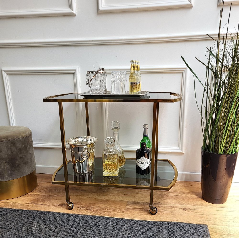 Italian Two-Tier Brass and Glass Bar Cart with Dark Glass Top by Milo Baughman, 1960s