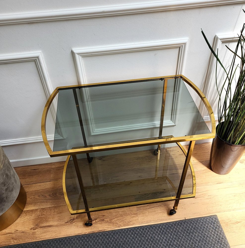 Italian Two-Tier Brass and Glass Bar Cart with Dark Glass Top by Milo Baughman, 1960s