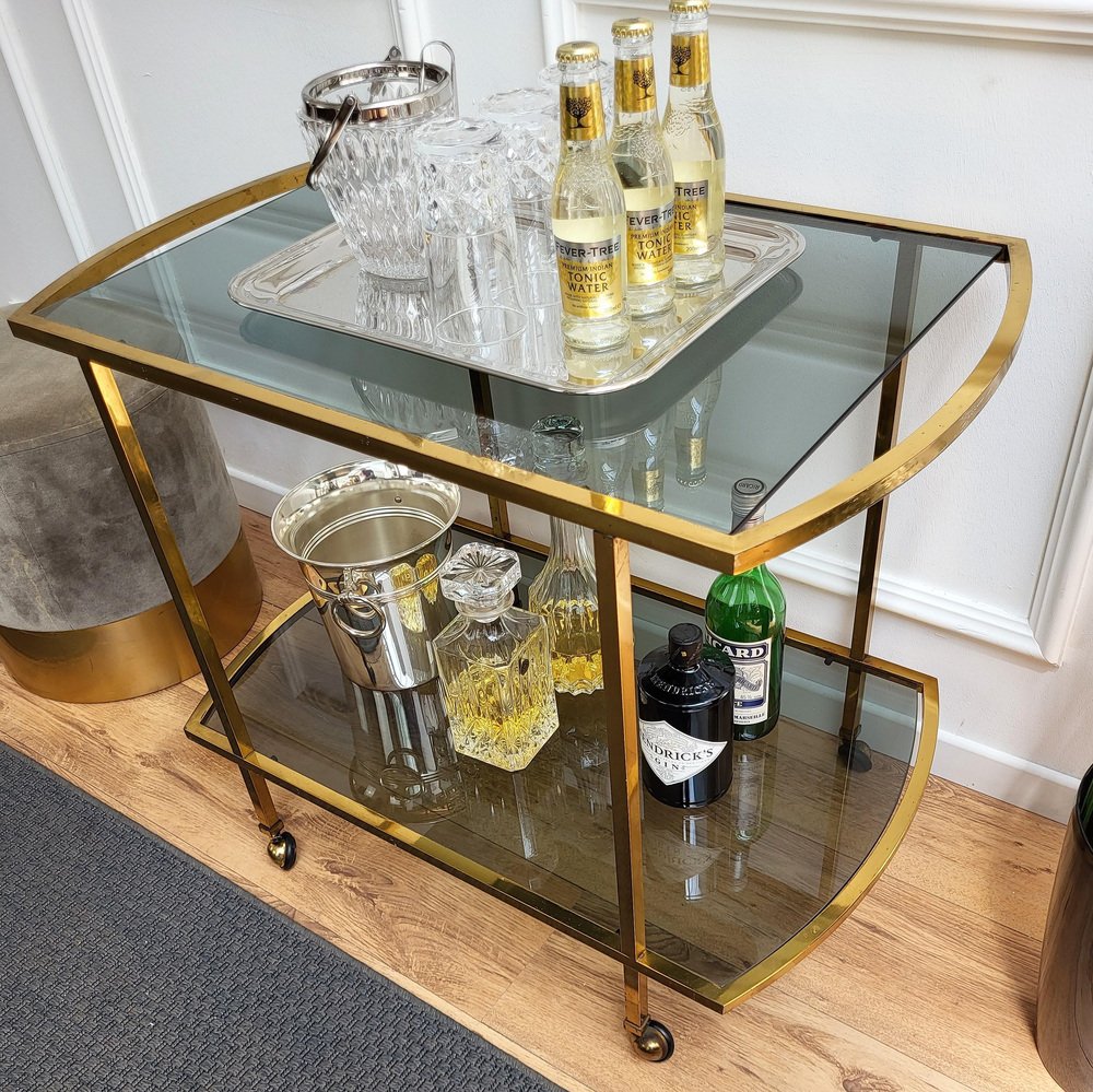 Italian Two-Tier Brass and Glass Bar Cart with Dark Glass Top by Milo Baughman, 1960s