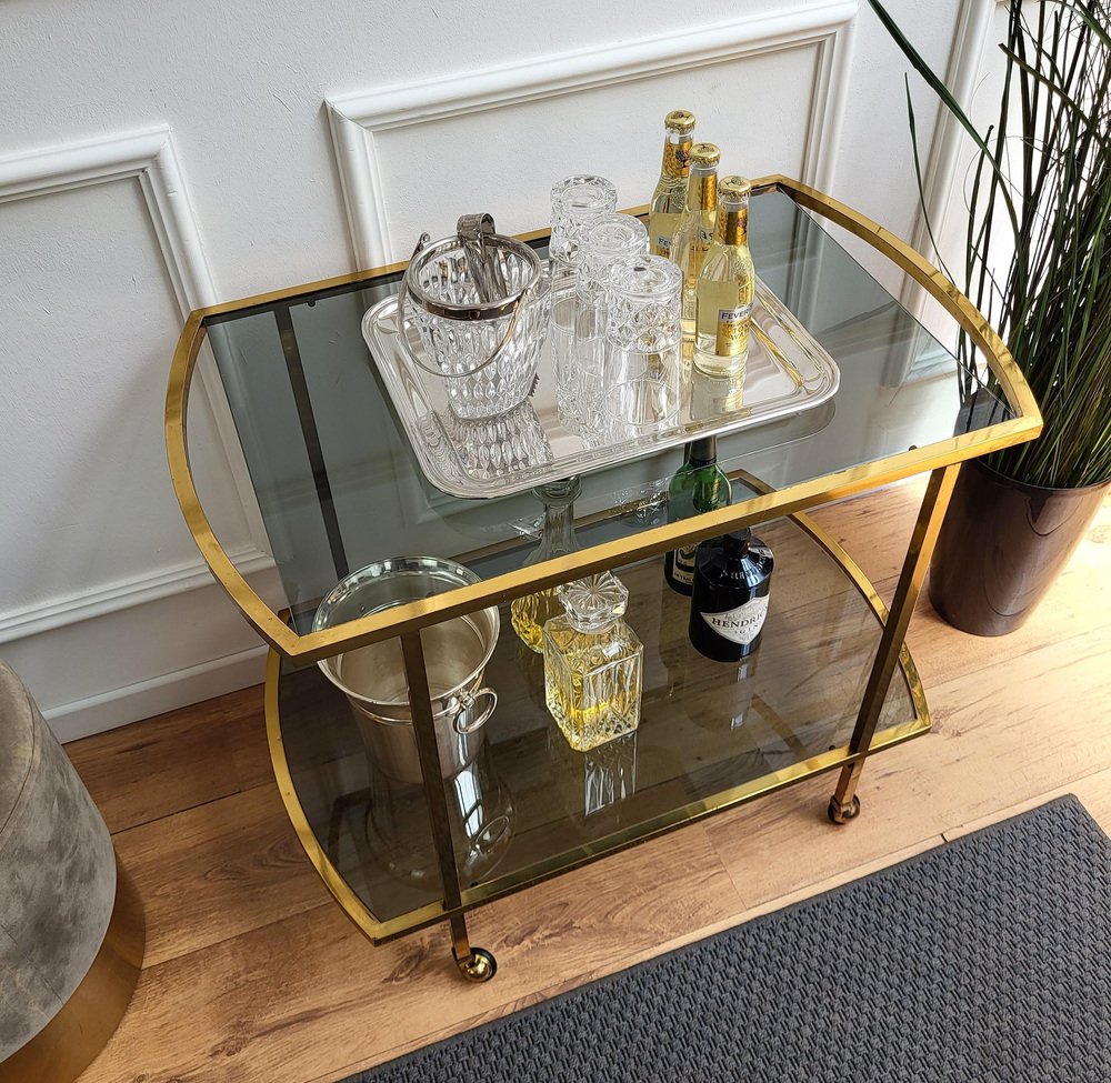 Italian Two-Tier Brass and Glass Bar Cart with Dark Glass Top by Milo Baughman, 1960s