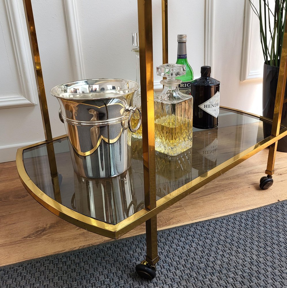 Italian Two-Tier Brass and Glass Bar Cart with Dark Glass Top by Milo Baughman, 1960s