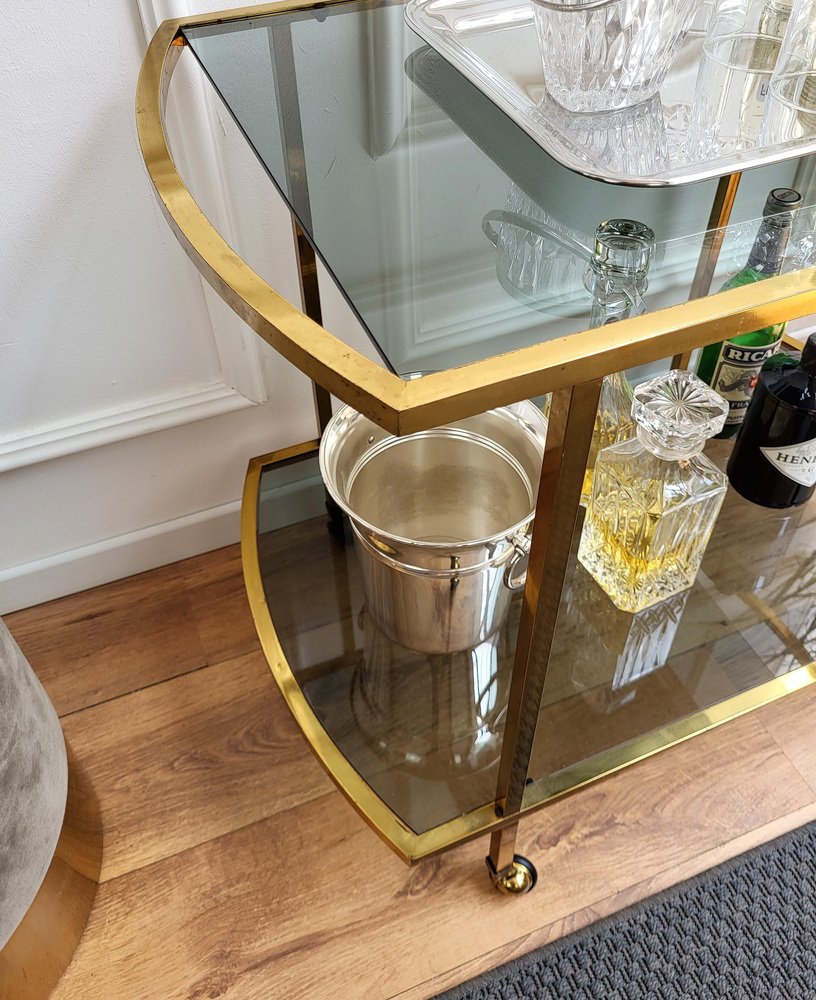 Italian Two-Tier Brass and Glass Bar Cart with Dark Glass Top by Milo Baughman, 1960s