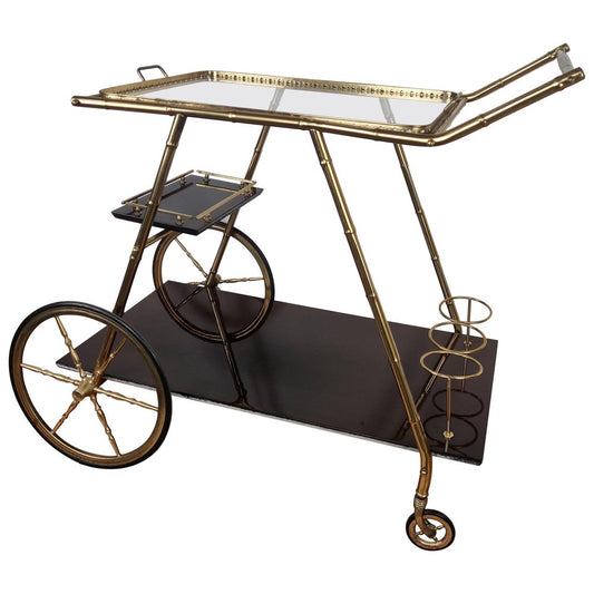 Italian Two-Tier Brass and Glass Bar Cart with Removable Top Tray, 1970s