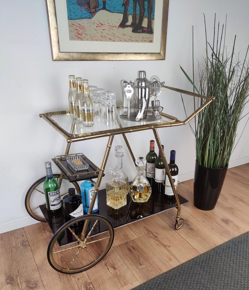 Italian Two-Tier Brass and Glass Bar Cart with Removable Top Tray, 1970s