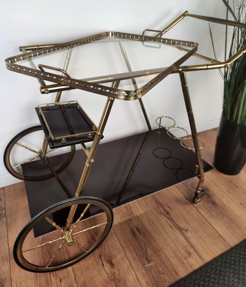 Italian Two-Tier Brass and Glass Bar Cart with Removable Top Tray, 1970s