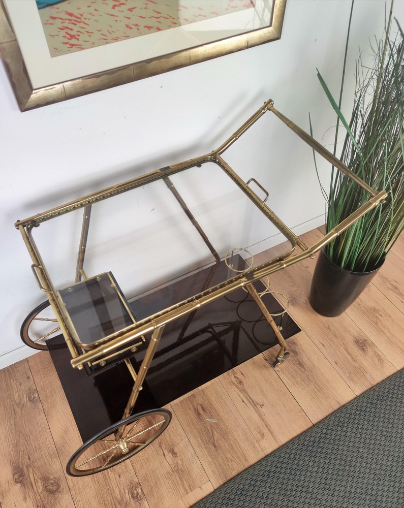 Italian Two-Tier Brass and Glass Bar Cart with Removable Top Tray, 1970s