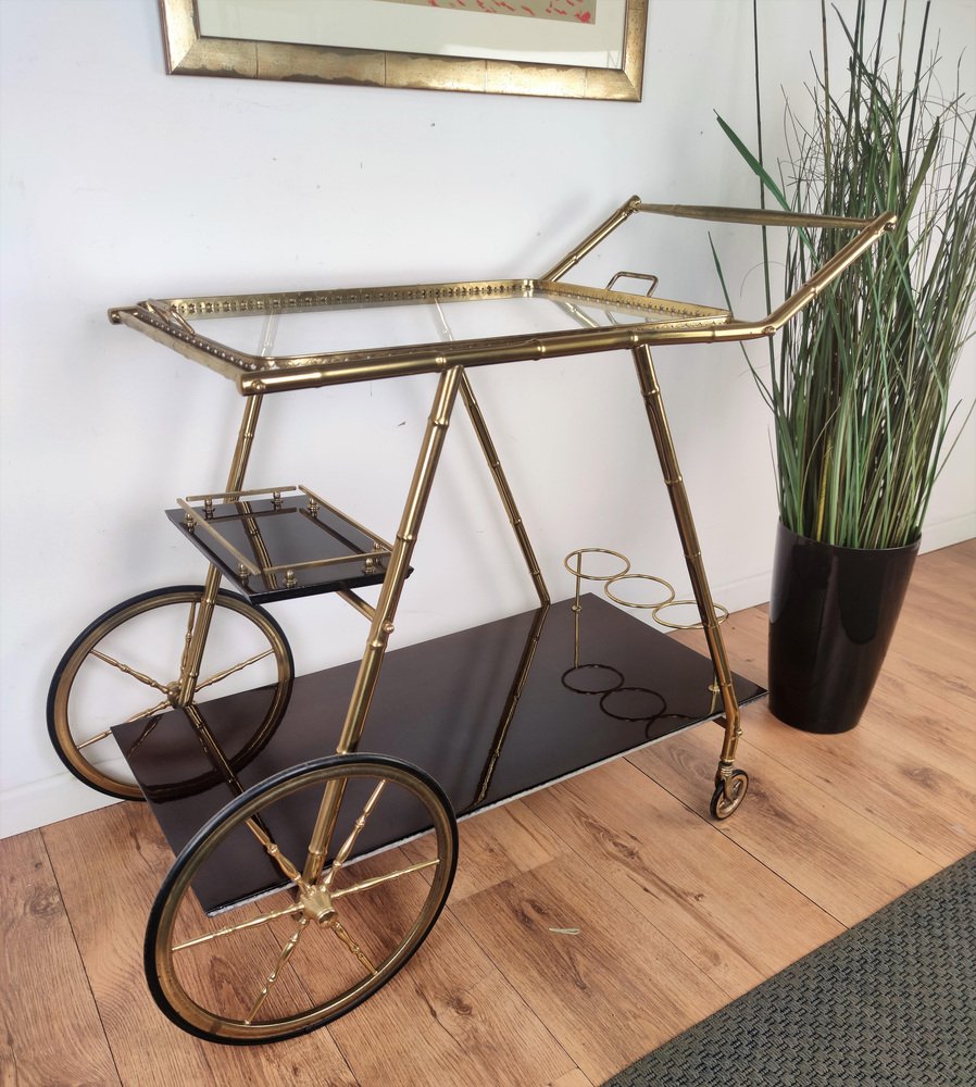 Italian Two-Tier Brass and Glass Bar Cart with Removable Top Tray, 1970s