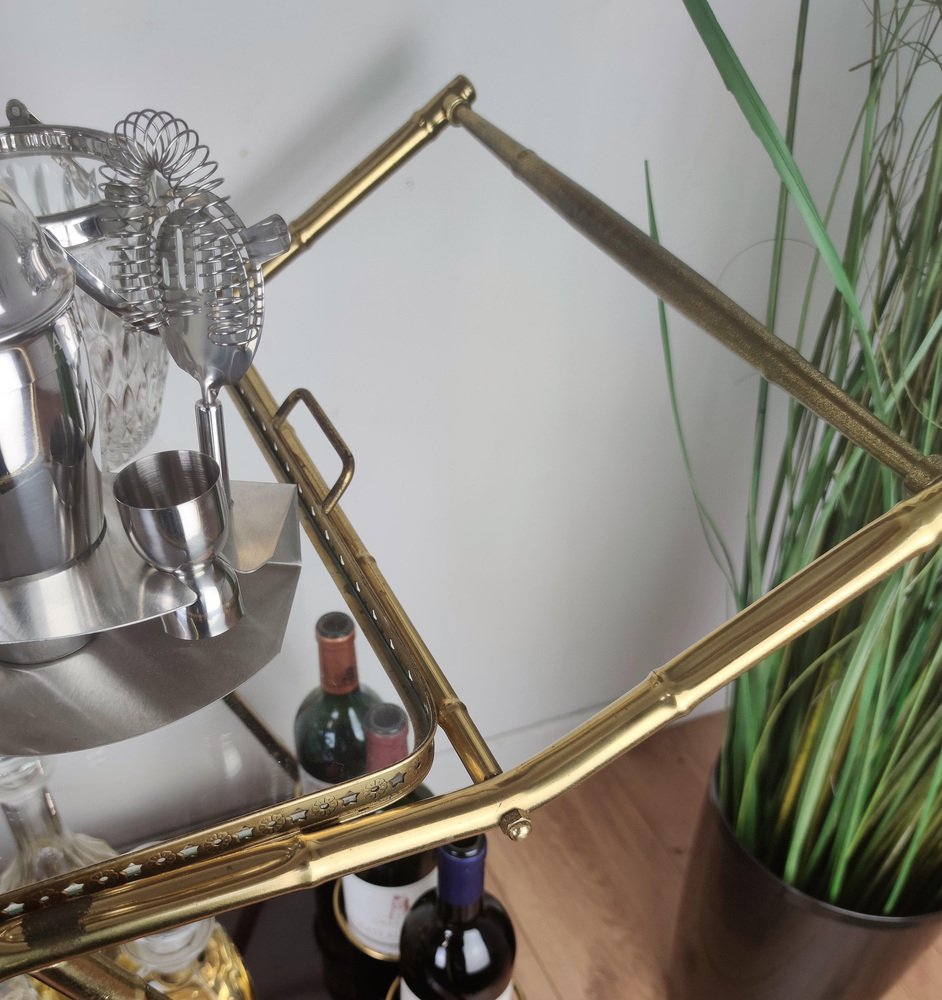 Italian Two-Tier Brass and Glass Bar Cart with Removable Top Tray, 1970s