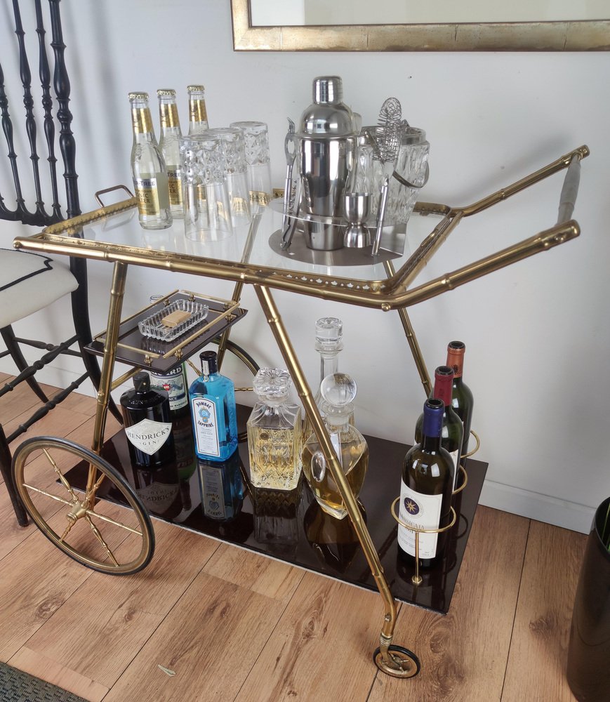 Italian Two-Tier Brass and Glass Bar Cart with Removable Top Tray, 1970s