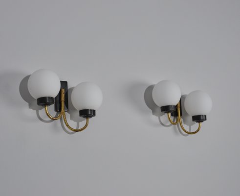 Italian Wall Lamps in Brass and Black Metal, 1950s, Set of 2-KJ-2020658