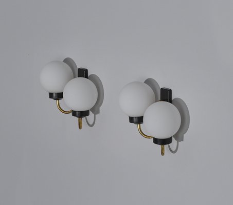 Italian Wall Lamps in Brass and Black Metal, 1950s, Set of 2-KJ-2020658