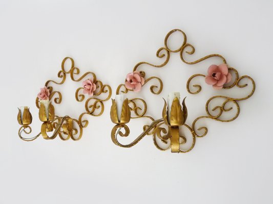 Italian Wall Lights in Gold Wrought Iron and Pink Enameled Metal, 1950s, Set of 2-MZP-2027771