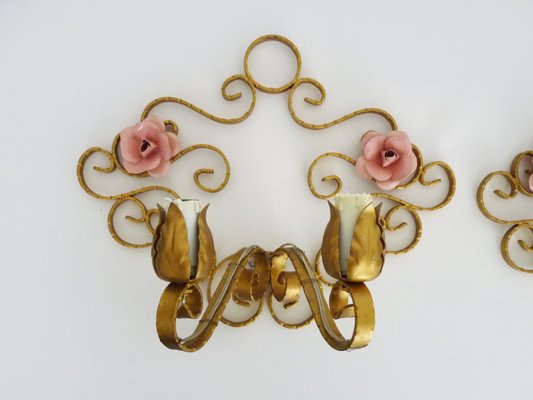 Italian Wall Lights in Gold Wrought Iron and Pink Enameled Metal, 1950s, Set of 2-MZP-2027771