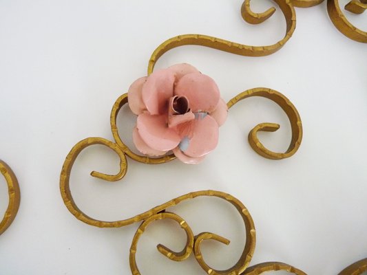 Italian Wall Lights in Gold Wrought Iron and Pink Enameled Metal, 1950s, Set of 2-MZP-2027771