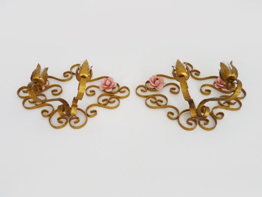 Italian Wall Lights in Gold Wrought Iron and Pink Enameled Metal, 1950s, Set of 2-MZP-2027771