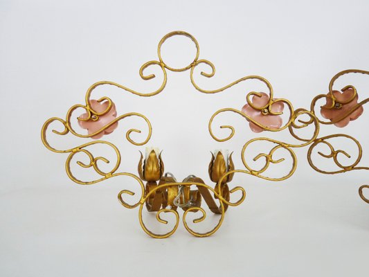 Italian Wall Lights in Gold Wrought Iron and Pink Enameled Metal, 1950s, Set of 2-MZP-2027771