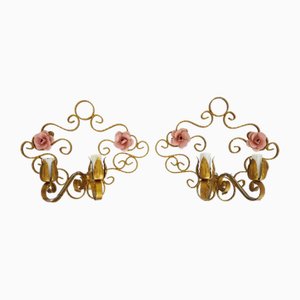 Italian Wall Lights in Gold Wrought Iron and Pink Enameled Metal, 1950s, Set of 2-MZP-2027771