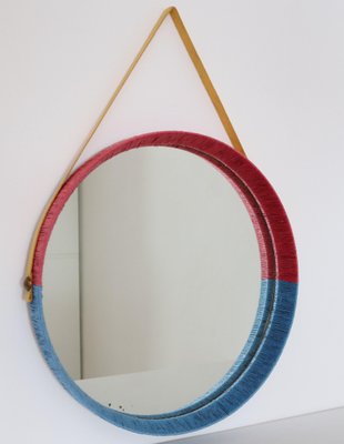 Italian Wall Mirror in Red and Blue with Yellow Ribbon, 1950s-VNE-995626