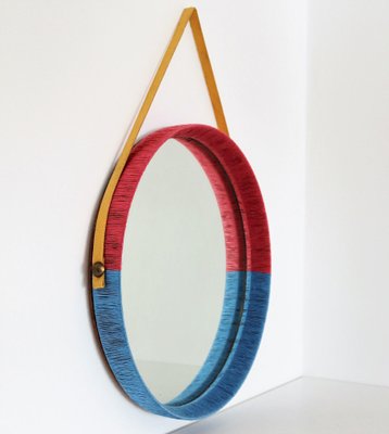 Italian Wall Mirror in Red and Blue with Yellow Ribbon, 1950s-VNE-995626