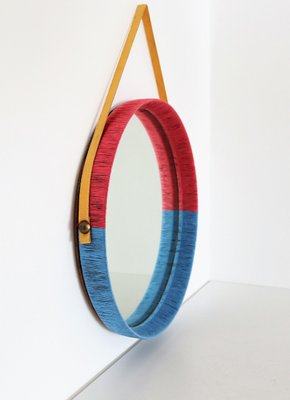 Italian Wall Mirror in Red and Blue with Yellow Ribbon, 1950s-VNE-995626