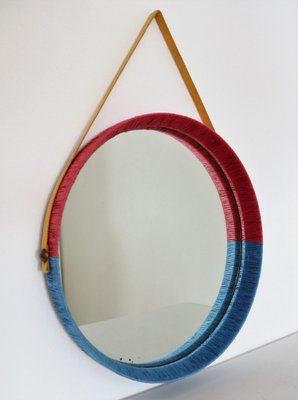 Italian Wall Mirror in Red and Blue with Yellow Ribbon, 1950s-VNE-995626